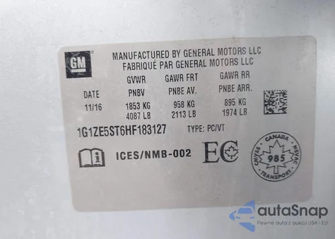 2017 Chevrolet Malibu 1Lt z USA, uszkodzony, nr VIN 1G1ZE5ST6HF183127